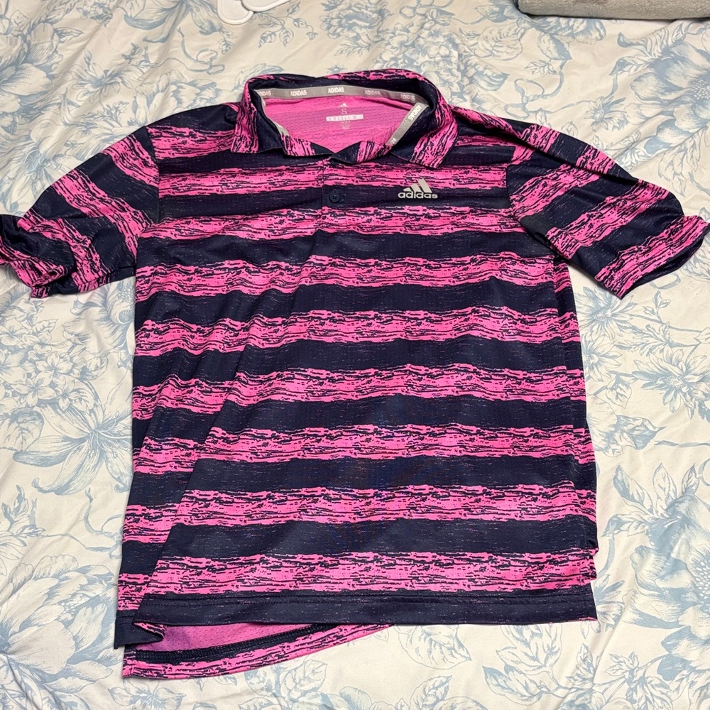 Adidas Golf Men’s Pink and Blue Striped Polo Shirt